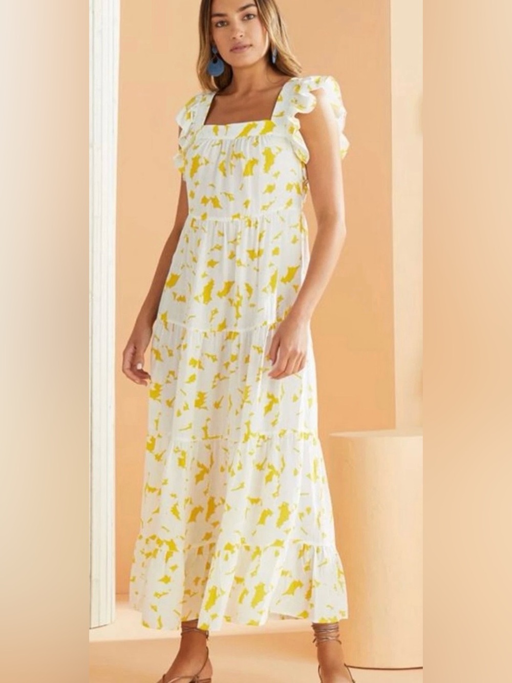 Marie Oliver Tiered Dress Maxi Square Neck 100% Silk Sz Small White Yellow